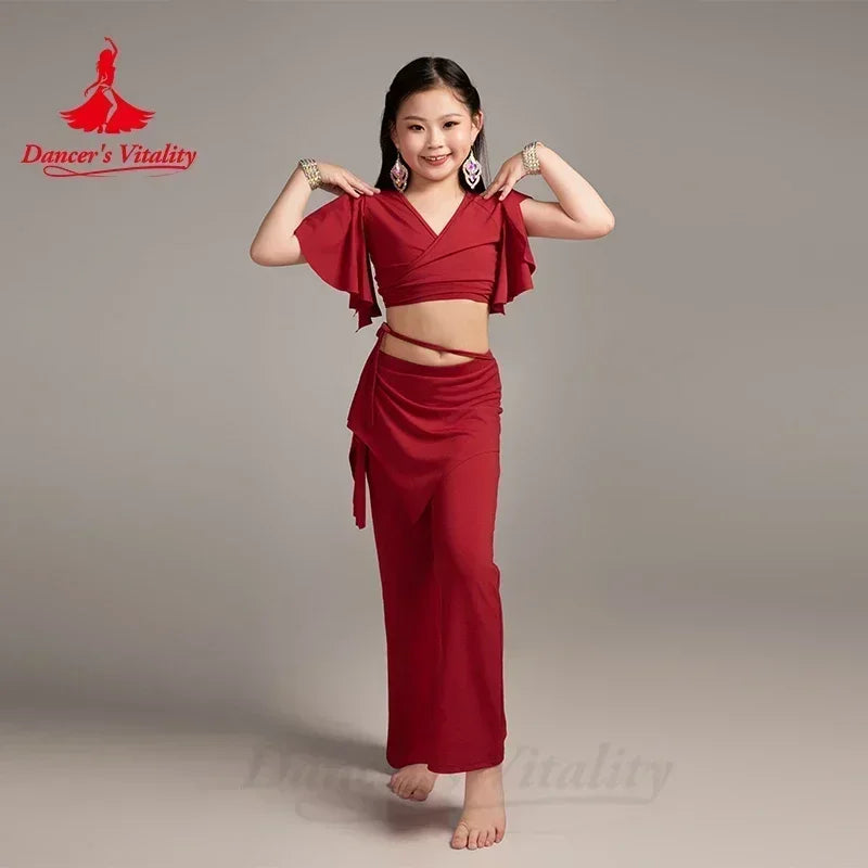 Kids Girls Royal Blue Wrap Top and Asymmetrical Skirted Pants Belly Dance Costume Set