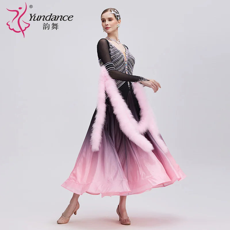 Women's International Standard Ballroom Dance Dress Pearl-Embellished Silk Black-Pink Gradient Competition