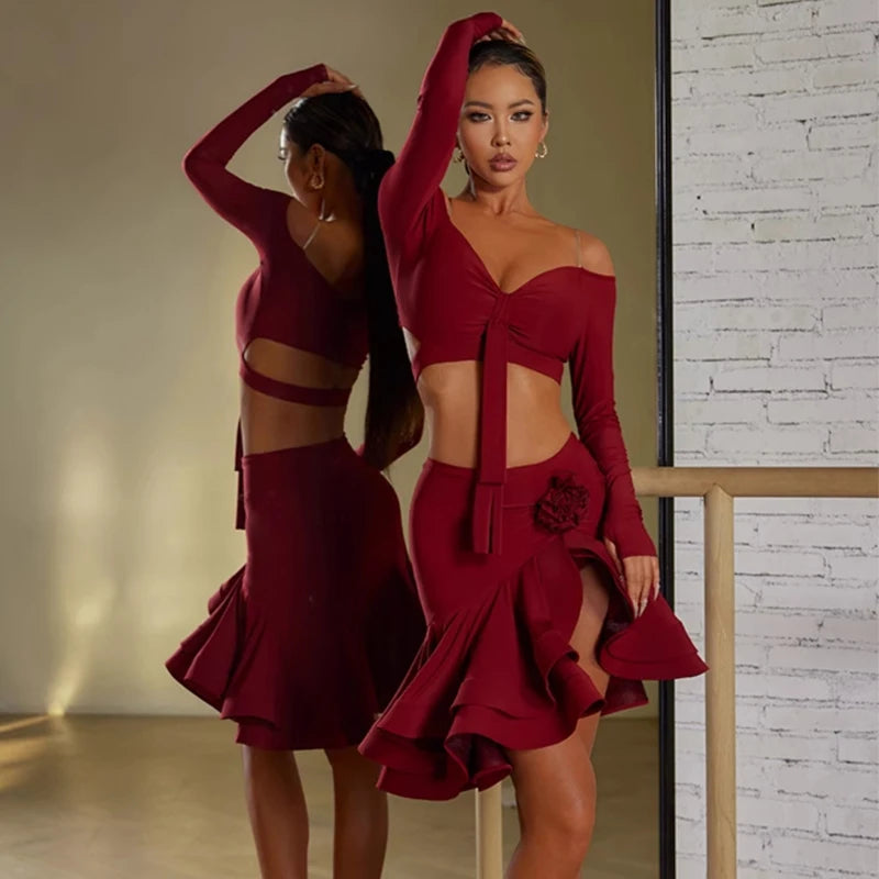 Women's Burgundy & Black Off-Shoulder Crop Top & Ruffled Skirt Latin Dance Costume Set
