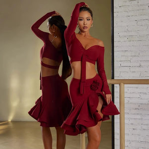 Women's Burgundy & Black Off-Shoulder Crop Top & Ruffled Skirt Latin Dance Costume Set