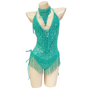 Women's Olive Green Beaded Sequin Halter Neck Fringe Latin Dance Leotard