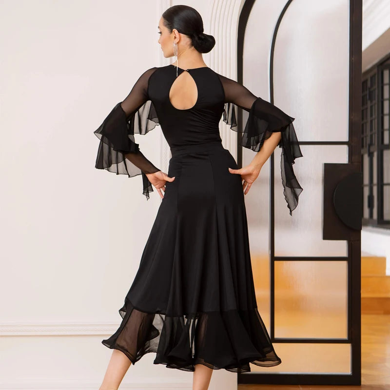 Ballroom Dance Dress Women's Yellow Mesh Ruffle Sleeve Asymmetrical Skirt, Ballroom Dance Dress Women's Black Mesh Ruffle Sleeve Asymmetrical Skirt