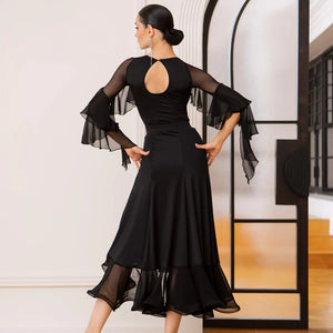 Ballroom Dance Dress Women's Yellow Mesh Ruffle Sleeve Asymmetrical Skirt, Ballroom Dance Dress Women's Black Mesh Ruffle Sleeve Asymmetrical Skirt