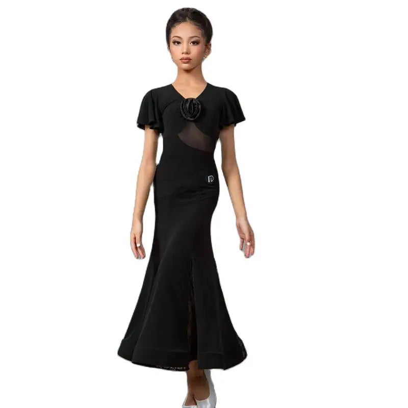 Women's Black Mesh & Ruffle Sleeve Ballroom Dance Dress with Floral Applique