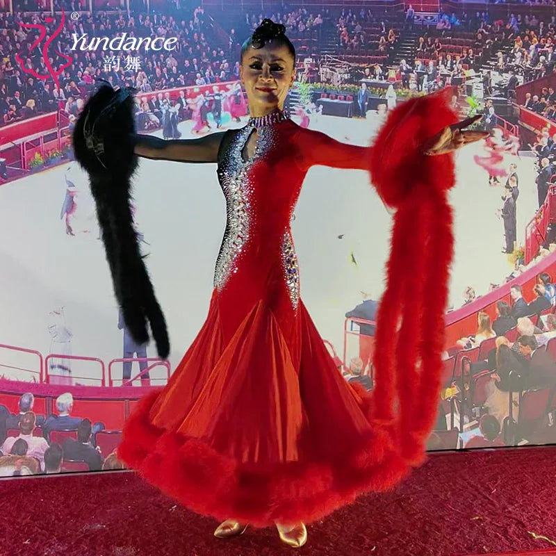Women's Custom Competition Ballroom Dance Dress With Velvet Fabric For Performance