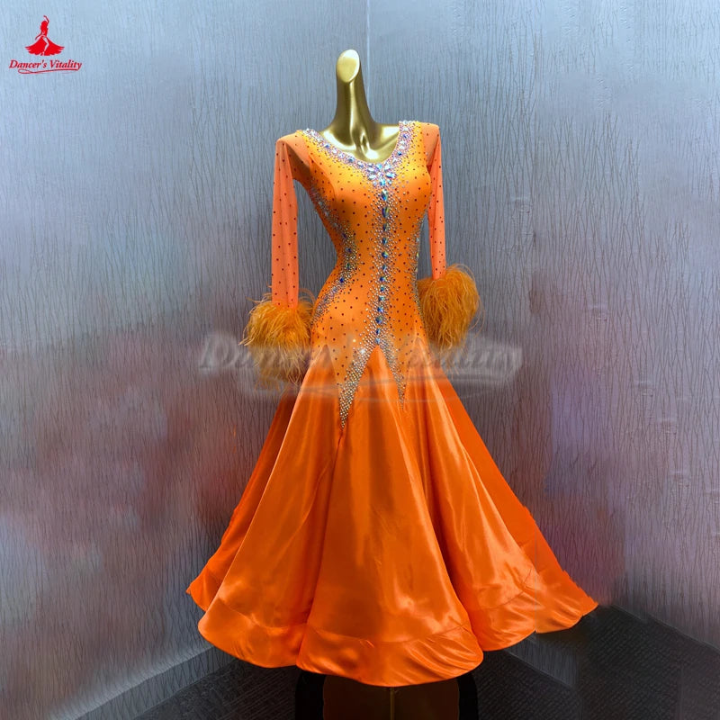 Adult Women's Standard Ballroom Dance Dress With Long Sleeves And Rhinestones In Orange For Competition