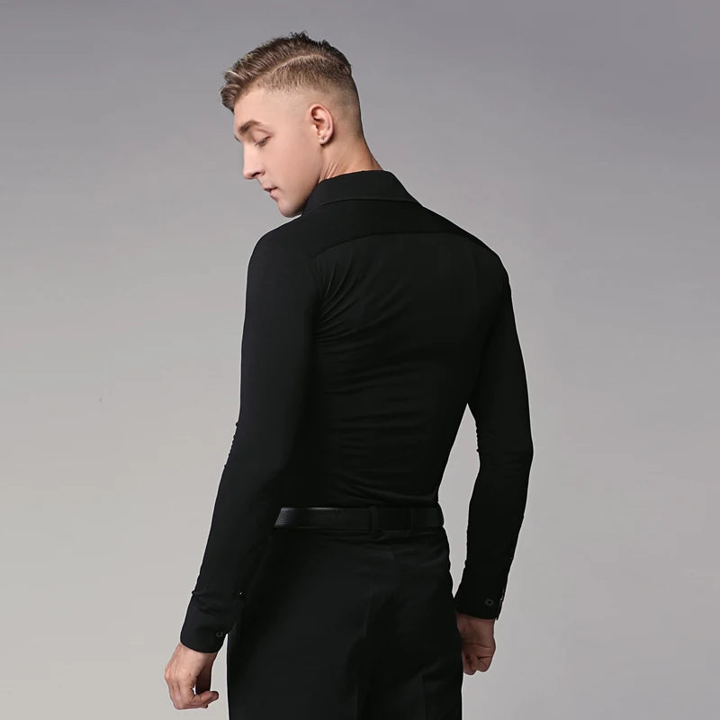 Men's Black Stretch Long Sleeve Dance Shirt with Tie, Ballroom Latin Tango
