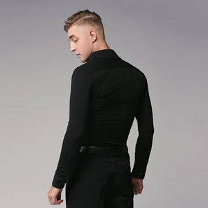 Men's Black Stretch Long Sleeve Dance Shirt with Tie, Ballroom Latin Tango