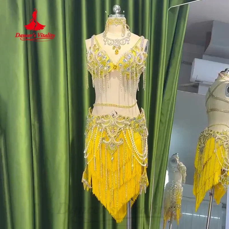 Belly Dance Costume Set With Pearl-Embellished Bra And Tassel Skirt For Adult & Kids Performance