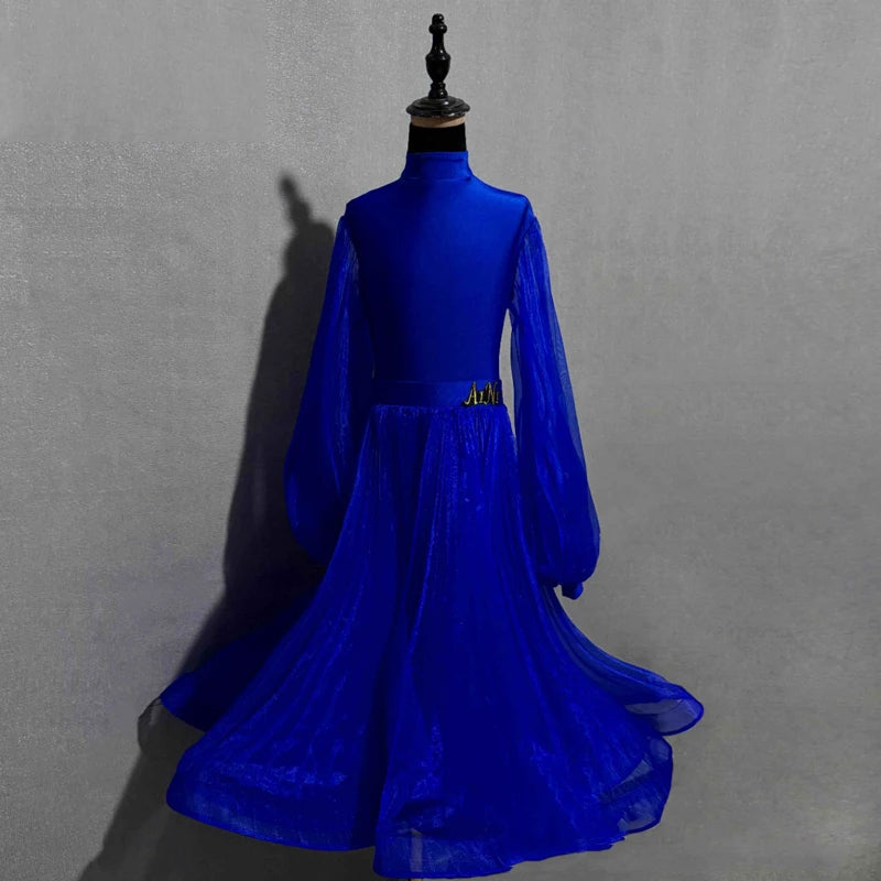 Children's Ballroom Dance Dress, Hot Pink, Royal Blue, Red, Yellow, Light Pink, Brown, Long Sleeve Mesh Skirt, Standard Latin Tango Waltz.