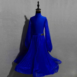 Children's Ballroom Dance Dress, Hot Pink, Royal Blue, Red, Yellow, Light Pink, Brown, Long Sleeve Mesh Skirt, Standard Latin Tango Waltz.