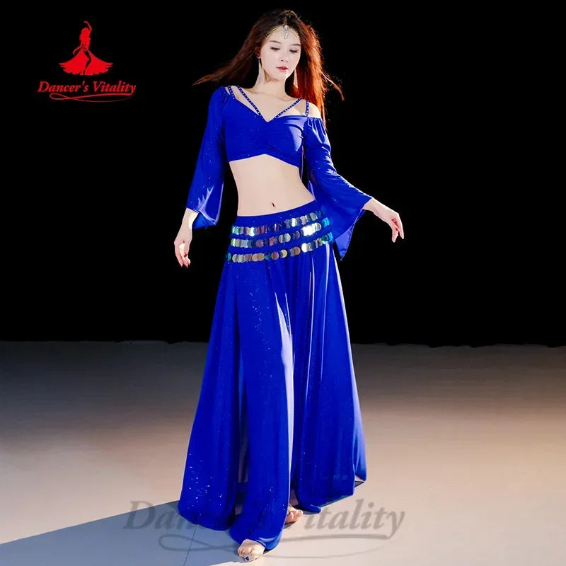 Belly Dance Costume Women Black Off-Shoulder Crop Top Long Sleeve with Slit Skirt and Sequin Hip Scarf Set