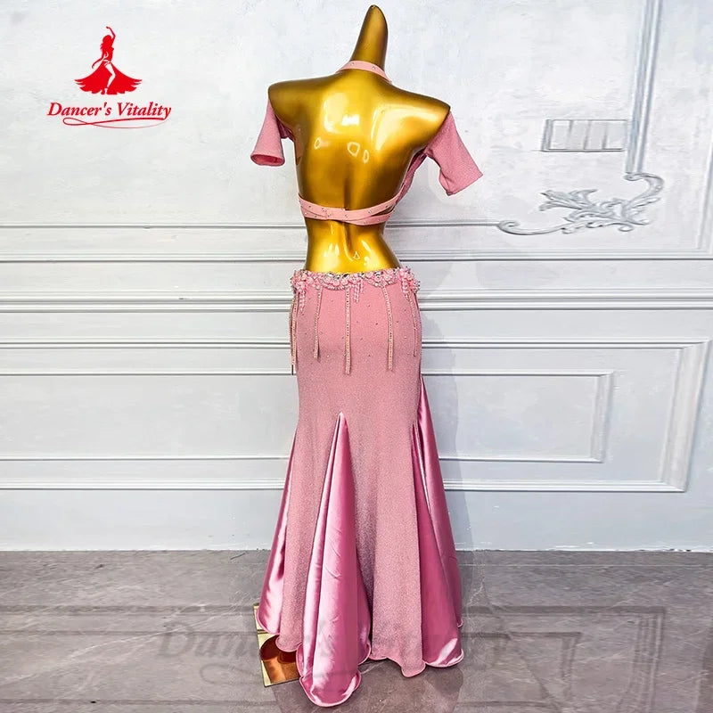 Belly Dance Costume Women Pink Halter Neck Beaded Bra and Mermaid Skirt Set, Sequin Embellished Performance Wear