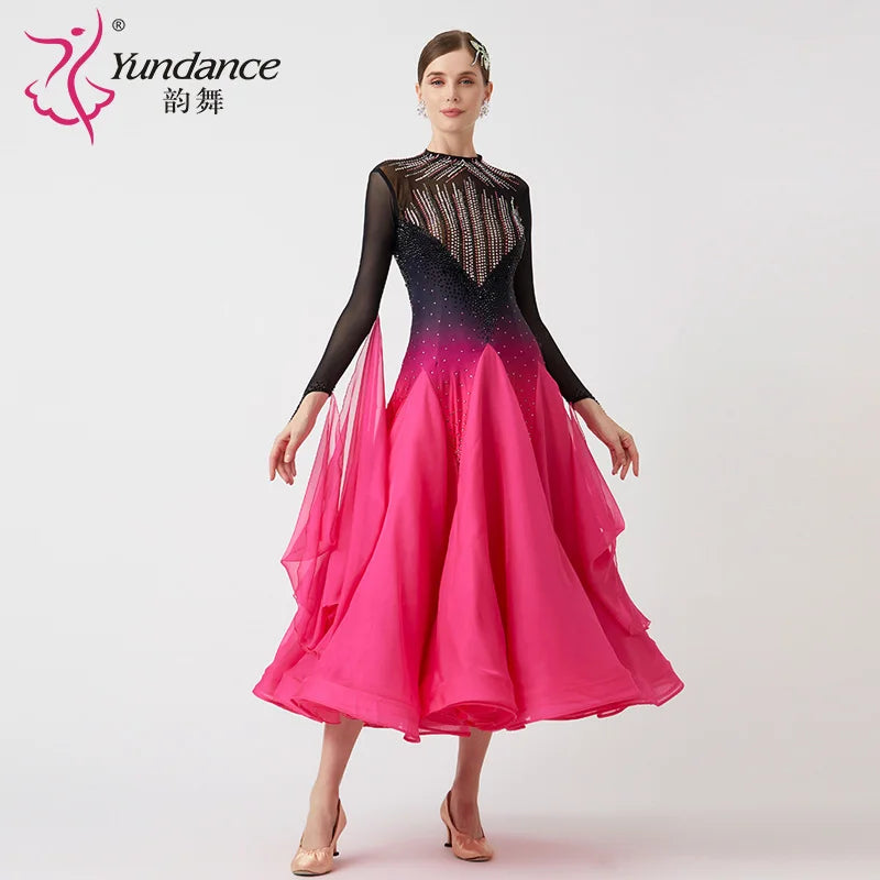 Women's International Standard Ballroom Dance Dress Long Peach Chiffon For Competition