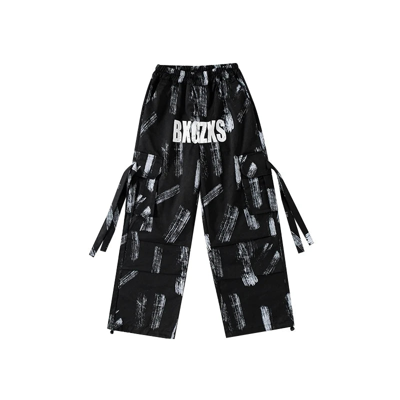 Kids Girls Camouflage Cami Top Black White Print Cargo Pants Hip Hop Dance Costume