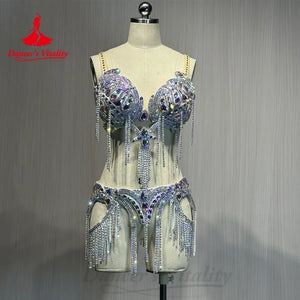 Women's Belly Dance Costume Set With Rhinestone Tassel For Professional Performance