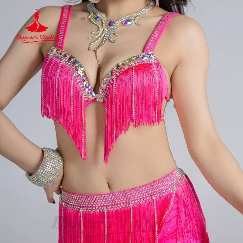 Women's Belly Dance Competition Costume Set With AB Rhinestone Bra and Tassel Split Skirt