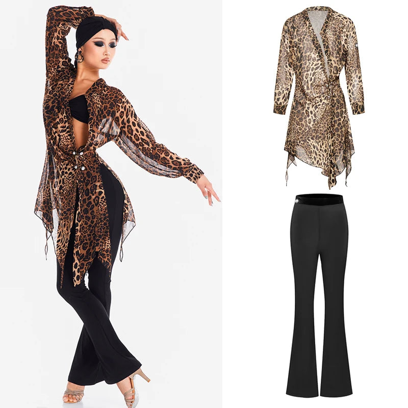 Women's Brown Leopard Print Chiffon Asymmetrical Tunic Top with Black Flare Dance Pants - Latin Ballroom