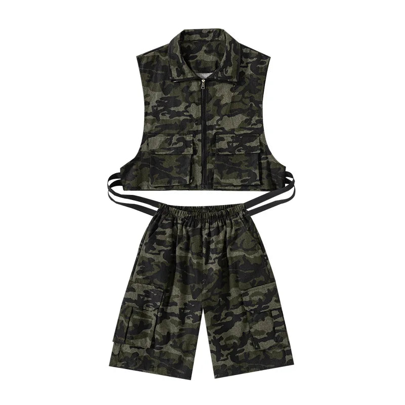 Kids Camouflage Hip Hop Dance Vest & Shorts Set, Black/Green/Red/White Cotton Blend, Street Dance