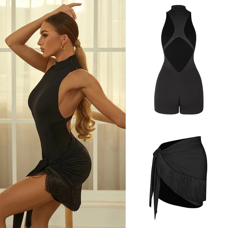 Women's Black Sleeveless High Neck Open Back Bodysuit with Fringe Tie-Waist Skirt Latin Dancewear