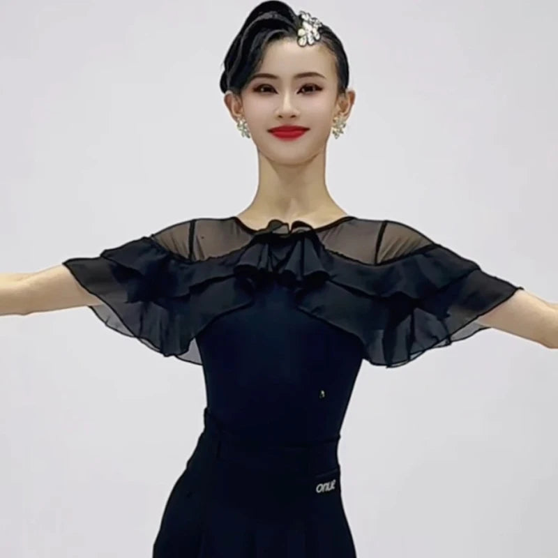 Women's Black Ruffled Mesh Latin Dance Dress with Hair Clip