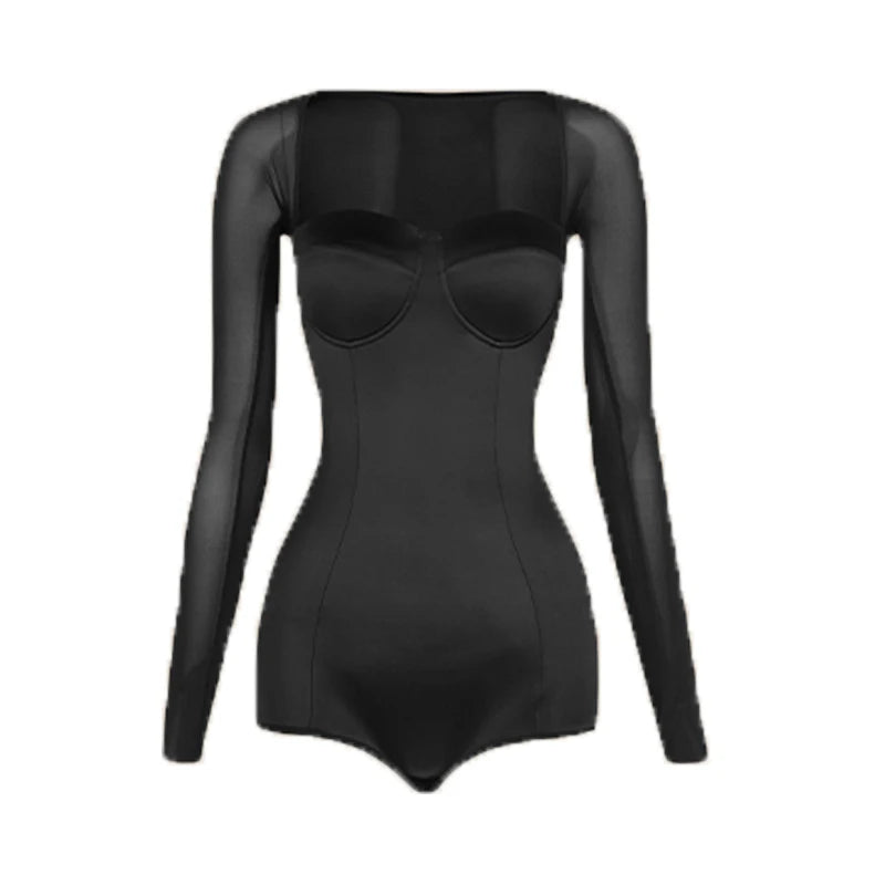 Women's White Long Sleeve Mesh Bodysuit & Asymmetrical Skirt Latin Dance Dress