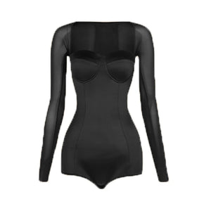 Women's White Long Sleeve Mesh Bodysuit & Asymmetrical Skirt Latin Dance Dress