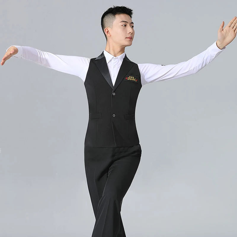 Men's White Long Sleeve Ballroom Dance Shirt with Black Vest, Latin Dance
