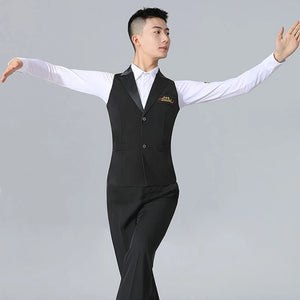 Men's White Long Sleeve Ballroom Dance Shirt with Black Vest, Latin Dance