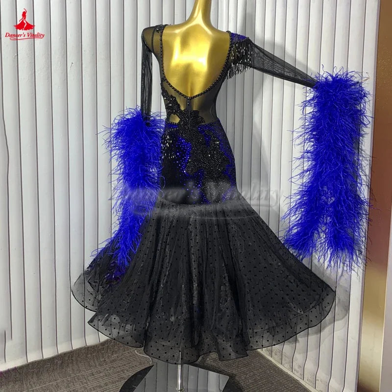 Adult Waltz Foxtrot Tango Quickstep Clothes The Back Can Be Customize in Height Female Ballroom Dance Wave Point Big Swing Dress