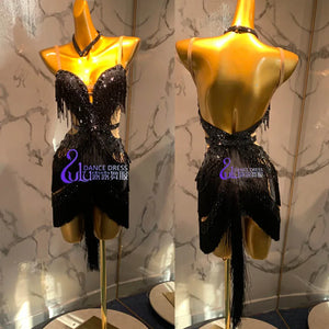 Latin Dance Dress Women Black Sequin Fringe Strapless Backless Asymmetric Hem Performance Costume