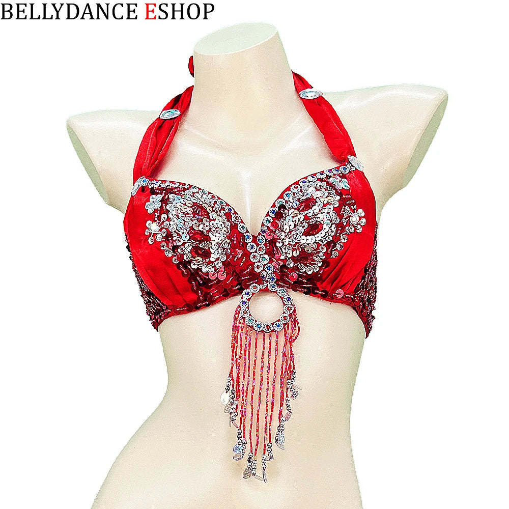 Belly Dance Bra Top, Women's Red Sequin & Beaded Halter Top with Fringe, Belly Dancing Costume