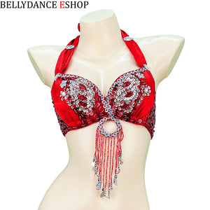 Belly Dance Bra Top, Women's Red Sequin & Beaded Halter Top with Fringe, Belly Dancing Costume