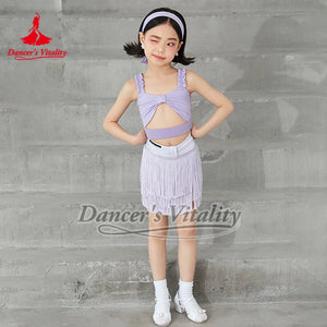 Girls' Light Green Cut-Out Ruffled Crop Top & Fringe Skirt Latin Dance Costume