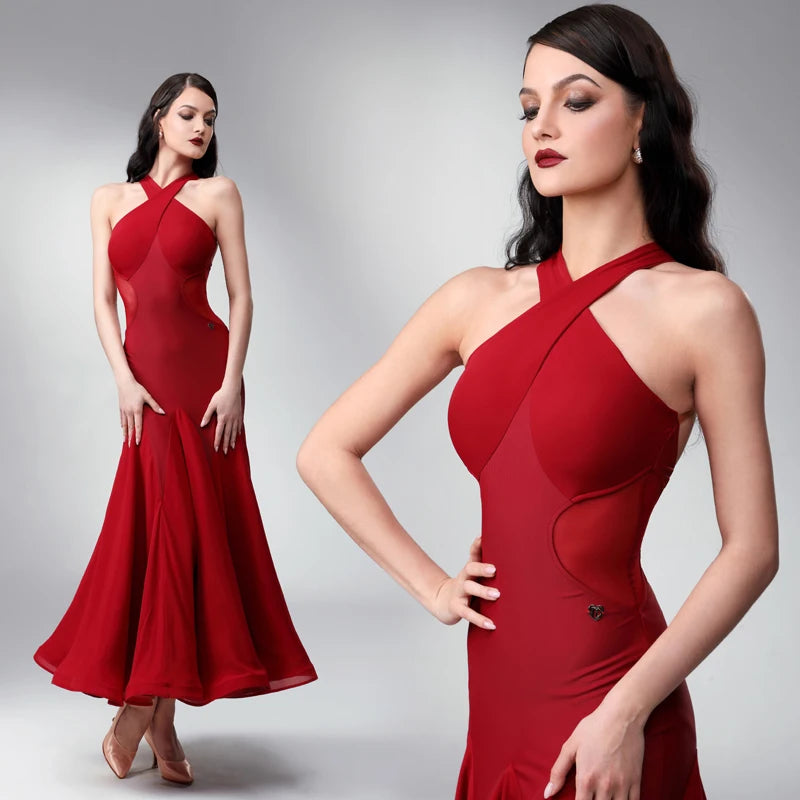 Women's Red Halter Neck Ballroom Dance Dress with Mesh Panels and Flowy Skirt