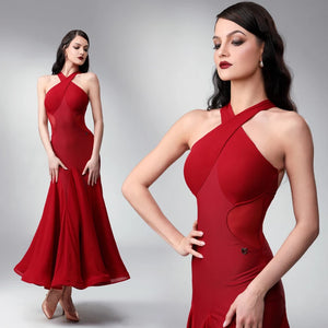 Women's Red Halter Neck Ballroom Dance Dress with Mesh Panels and Flowy Skirt