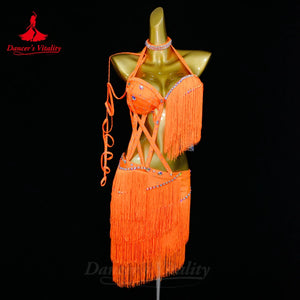 Women's Black Halter Fringe Latin Dance Dress with Rhinestones and Cut-Outs