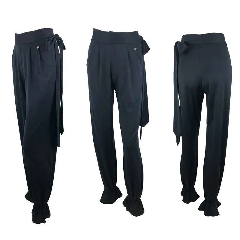 Women's Black Sheer Velvet Long Sleeve Bodysuit & Ruffled Hem Dance Pants Latin Ballroom