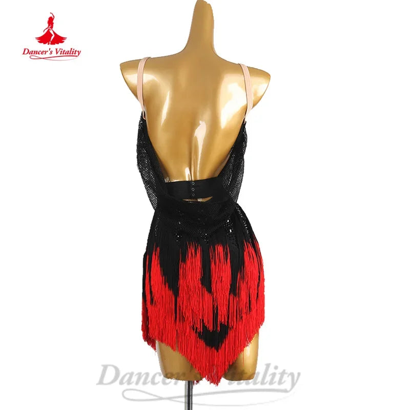 Women's Black & Red Sequin Fringe Latin Dance Dress