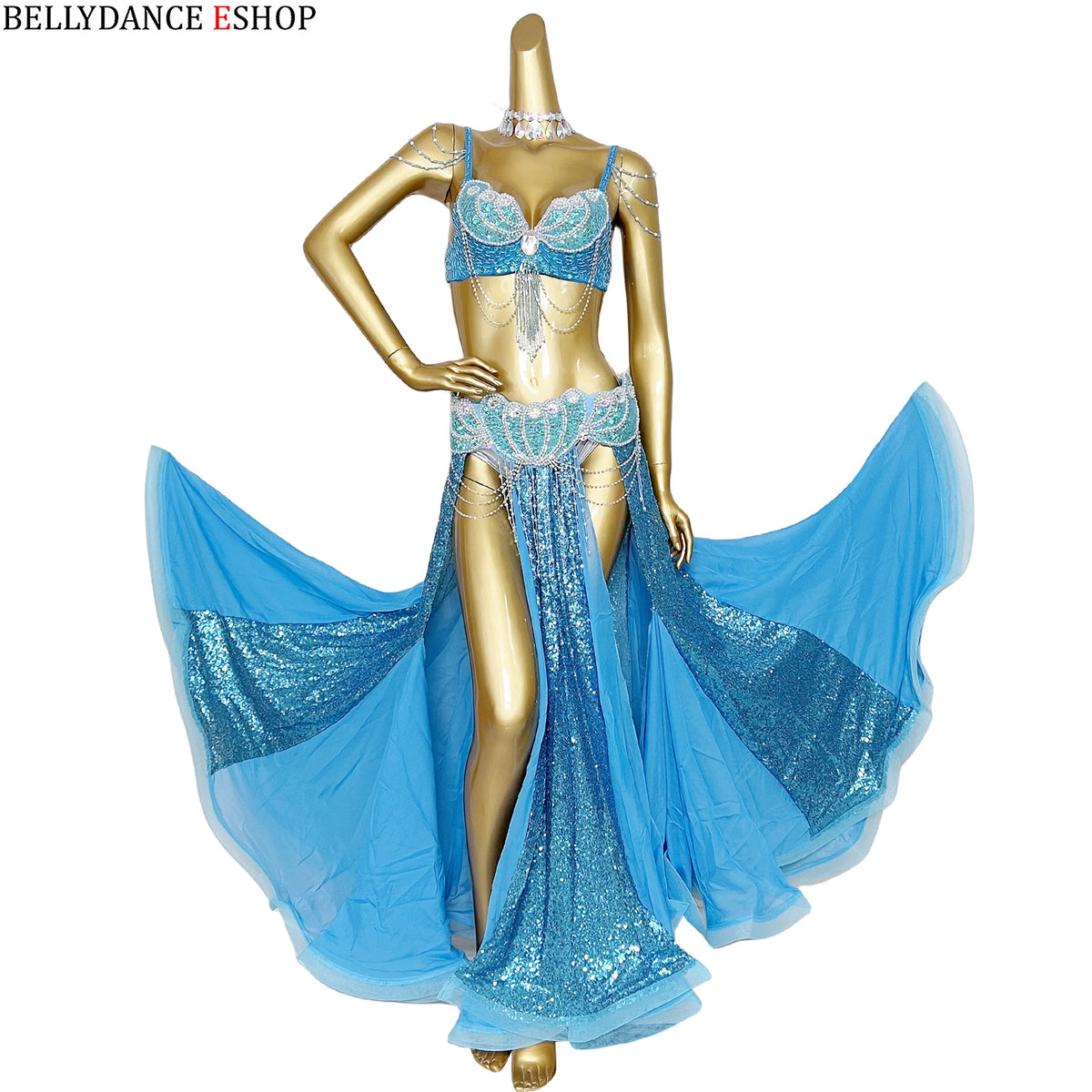 Belly Dance Costume Women Blue Sequin Chiffon Bra Belt Skirt Set with Shoulder Chains and Rhinestone Choker for Belly Dancing