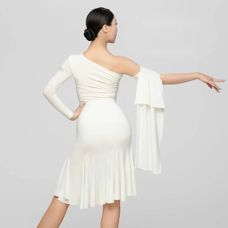 Women's Black & White One-Shoulder Ruched Latin Dance Dress with Flowing Sleeves