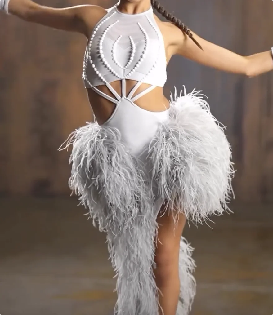 Women's White Beaded Halter Neck Leotard with Feather Skirt, Contemporary Dance