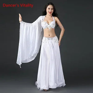 Belly Dance Costume Women's Royal Blue Satin Halter Bra Skirt Set with White Floral Applique and Arm Sleeves