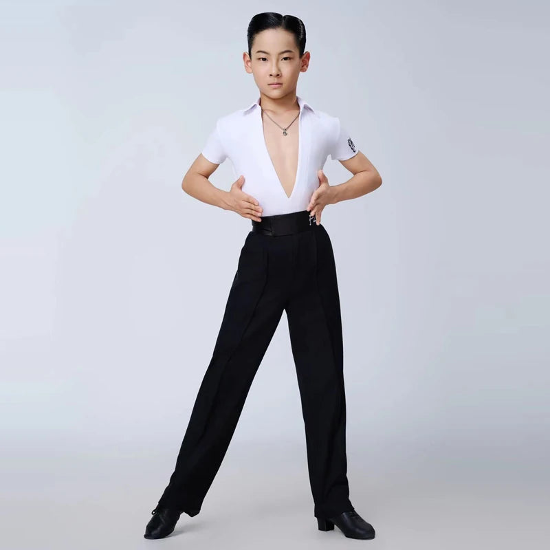 Boys' Black and White V-Neck Short Sleeve Ballroom Dance Shirts and Trousers Set