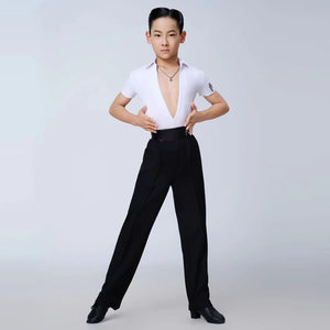 Boys' Black and White V-Neck Short Sleeve Ballroom Dance Shirts and Trousers Set