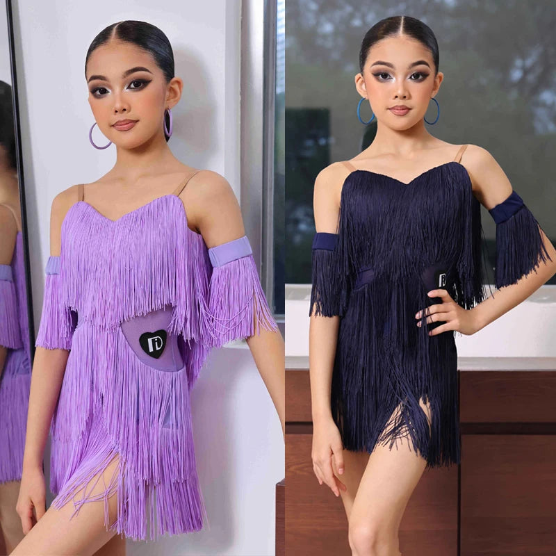 Girls' Lavender Fringe Latin Dance Dress with Armbands, Off-Shoulder Sweetheart Neckline, and Side Slit