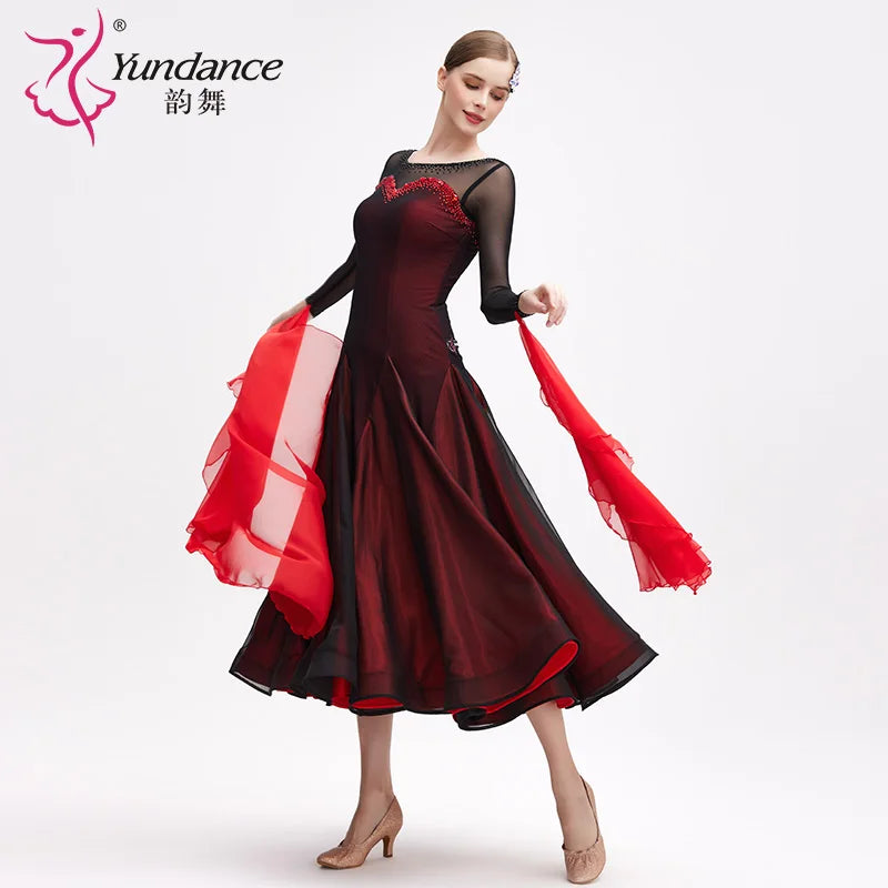Women's Ballroom Dance Dress International Standard Chiffon Lace Red and Black For Practice