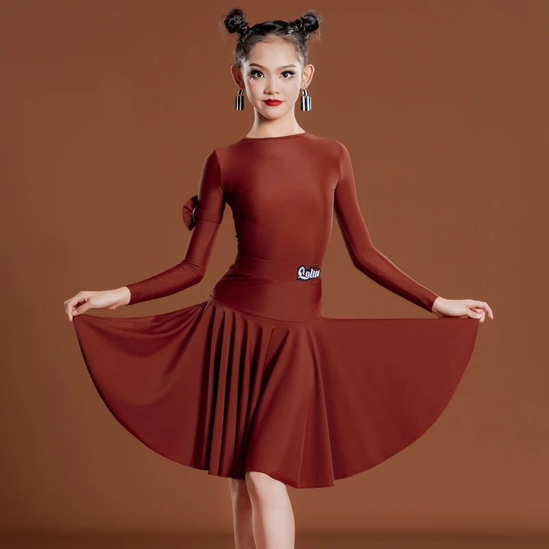 Girls Latin Dance Dress, Long Sleeve, Pleated Skirt, Ballroom Performance Costume