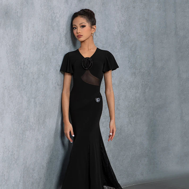 Women's Black Mesh & Ruffle Sleeve Ballroom Dance Dress with Floral Applique
