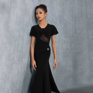 Women's Black Mesh & Ruffle Sleeve Ballroom Dance Dress with Floral Applique
